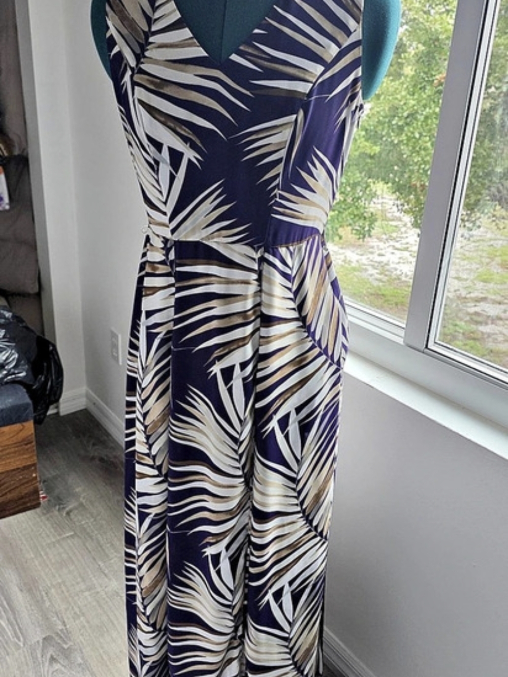 Anne Klein Tropical Leaf Purple & White & Tan Maxi Dress